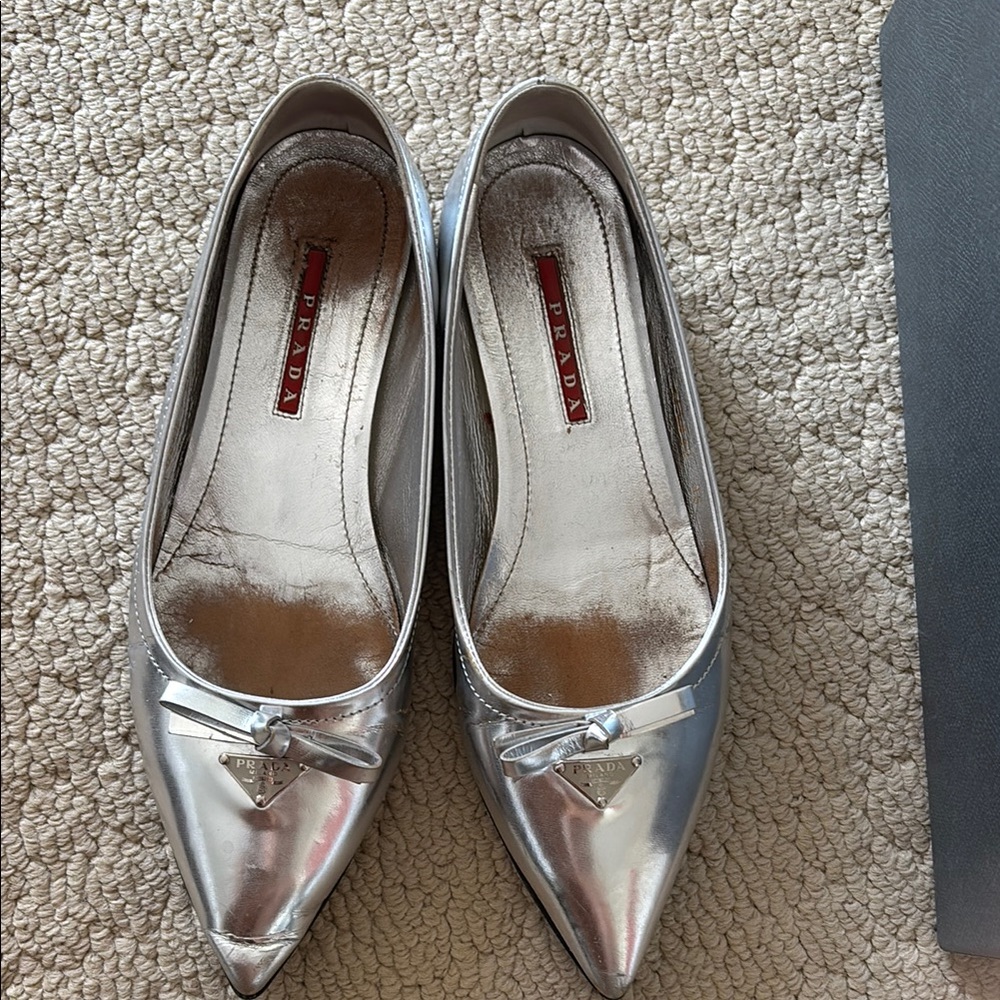 Prada Silver Pointed Toe Flats with Bow